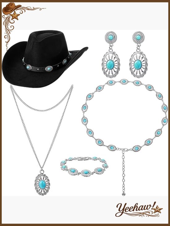 Western Cowboy Hat Set with Silver Jewelry and Turquoise Belt, Adjustable Fit main image 6